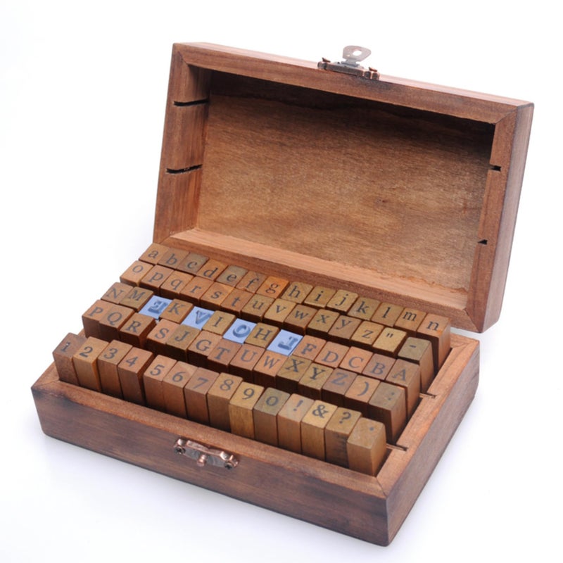YPSelected Set of 70pcs Vintage Style Wooden Rubber Alphabet Letters Number Symbol Stamps (Cursive Script) - Image 1